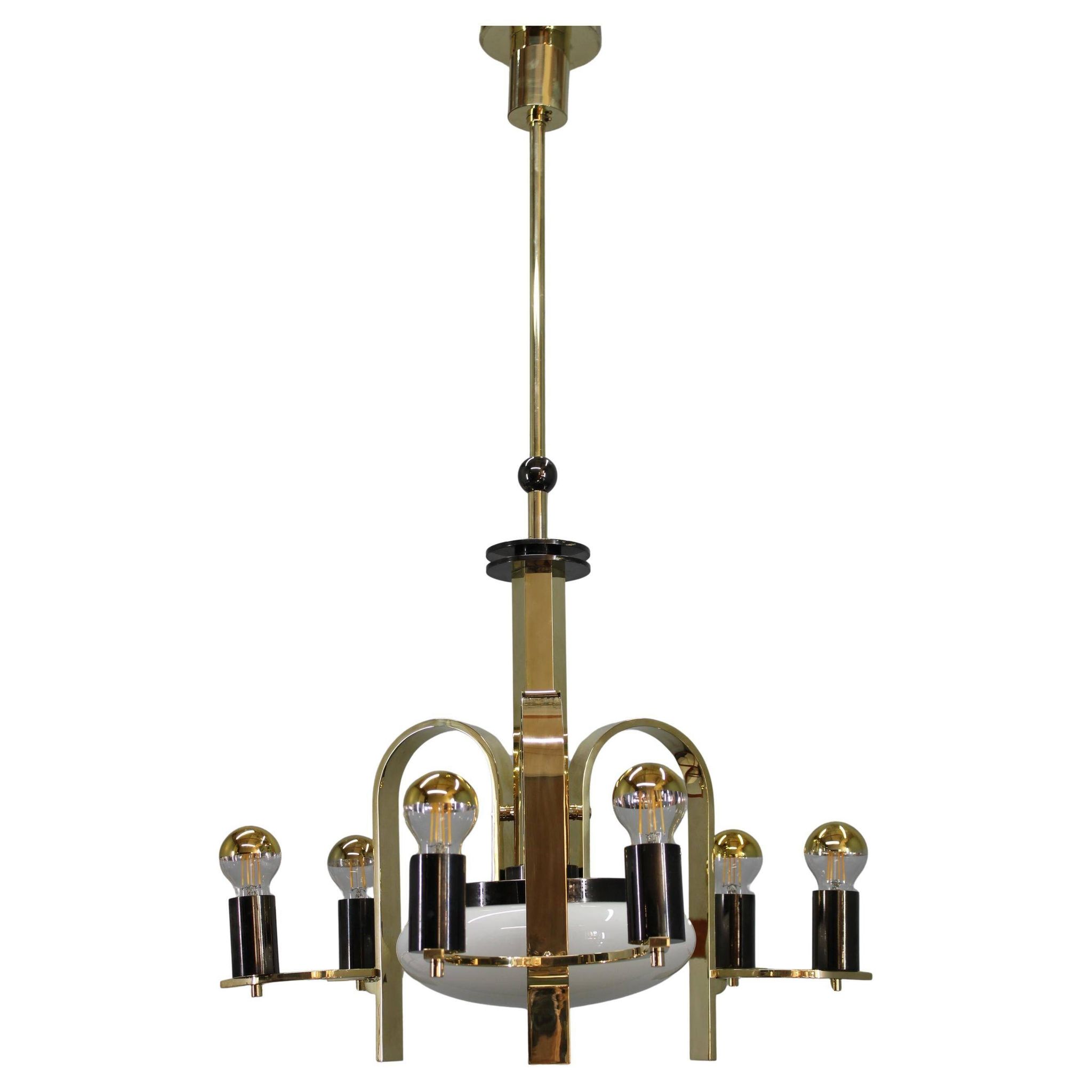 1930s Czech Art Deco brass chandelier with milk glass center and exposed bulbs