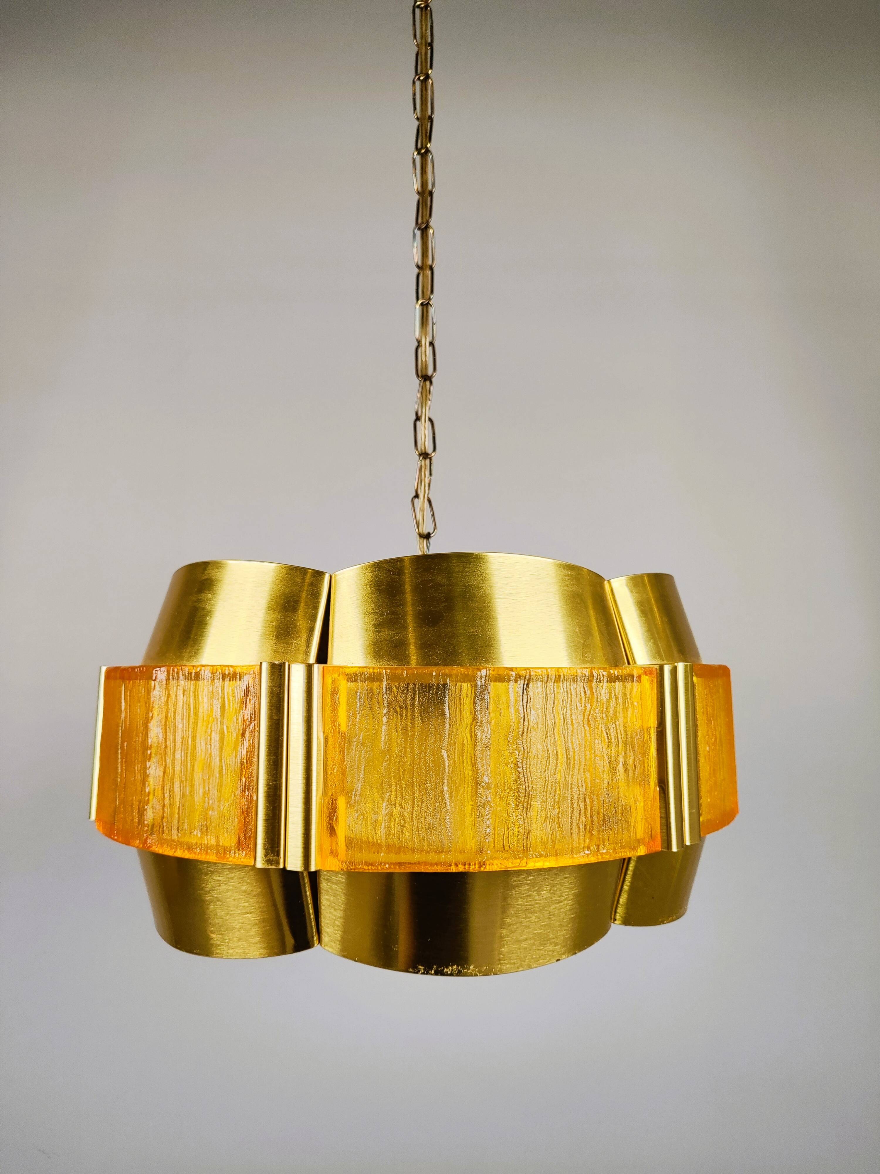 Brass and plastic pendant lamp by Werner Schou, Denmark, 1960