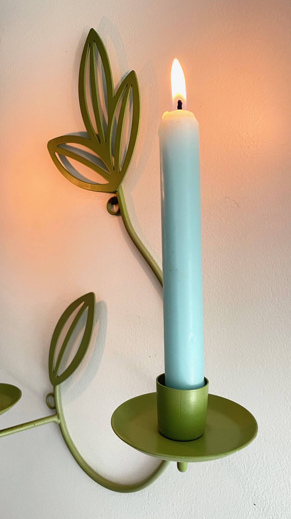 Wall Candle Holder, Green Metal Leaves