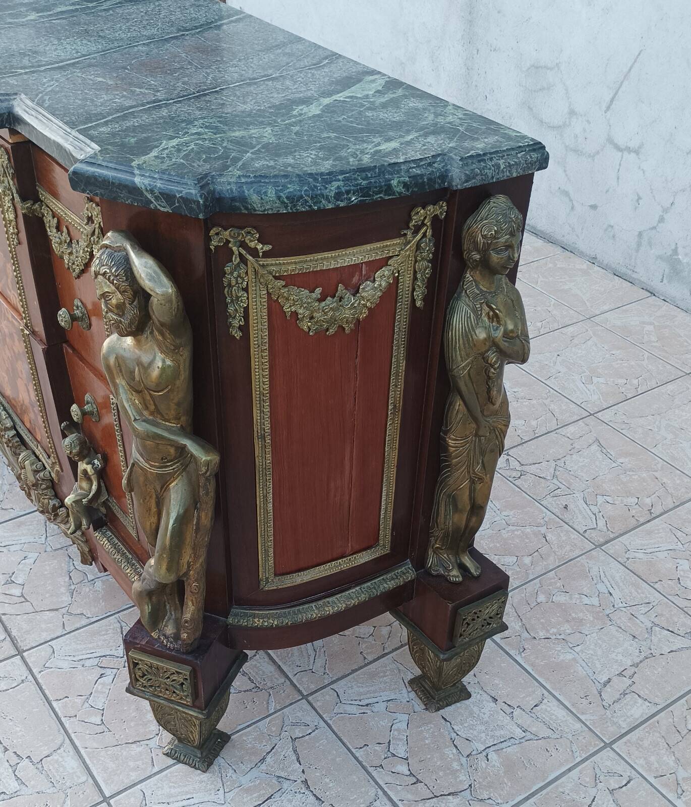 Louis XVI style commode in beech, bronze and marble.