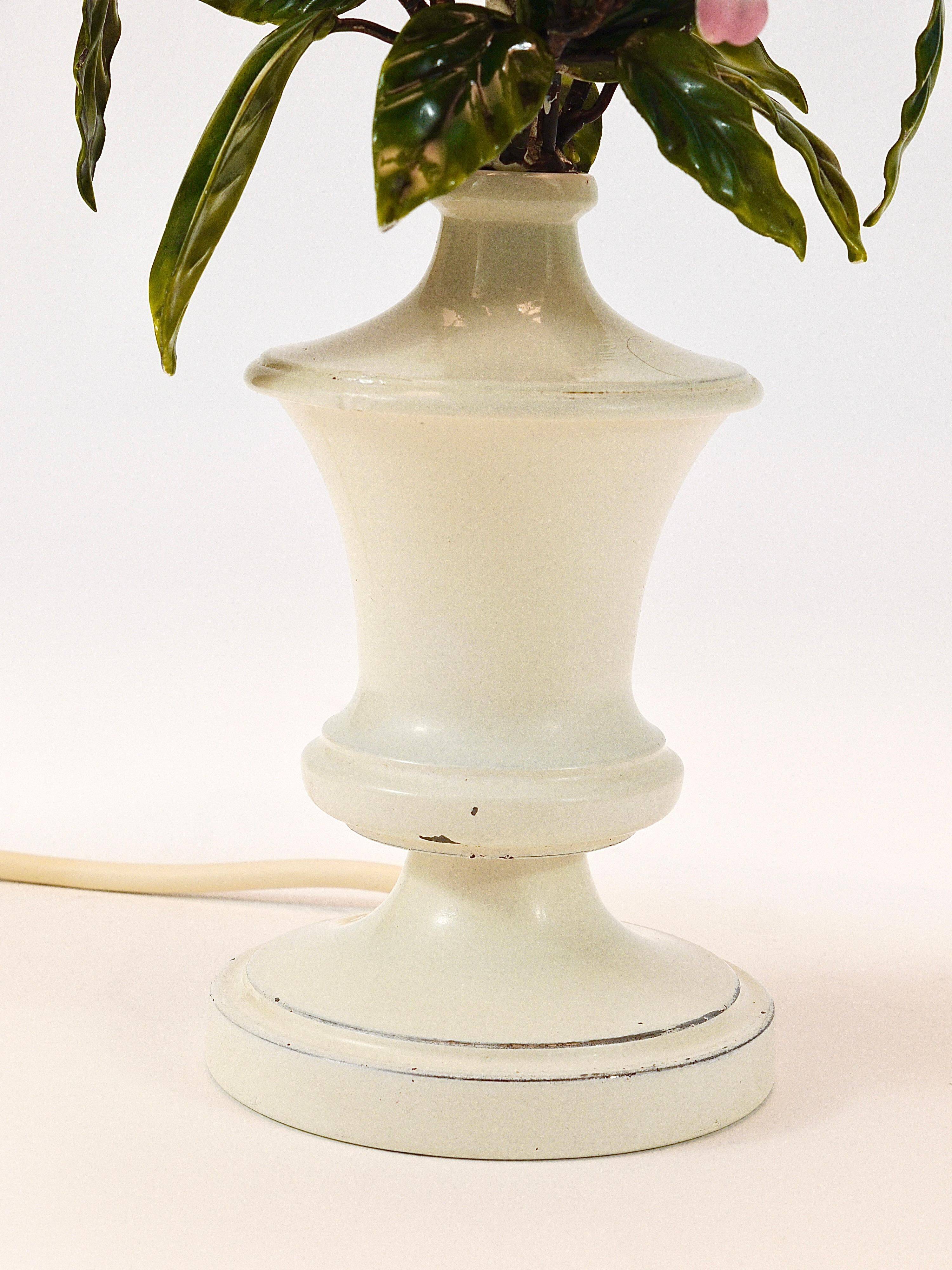 Hand-painted Toleware table lamp with wild apple blossom flowers, Salvadori, Italy, 1950s.