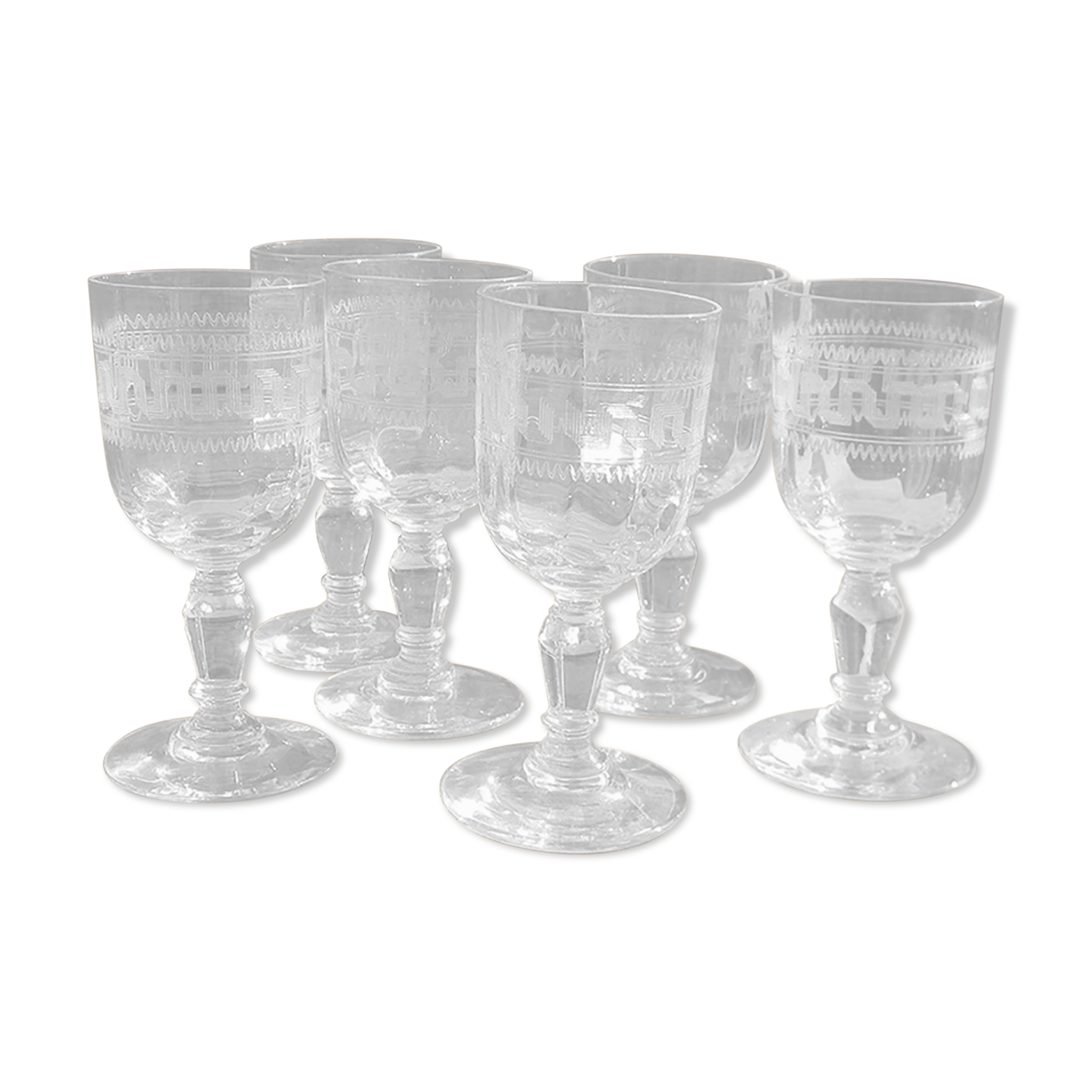 6 old glass glasses engraved glass