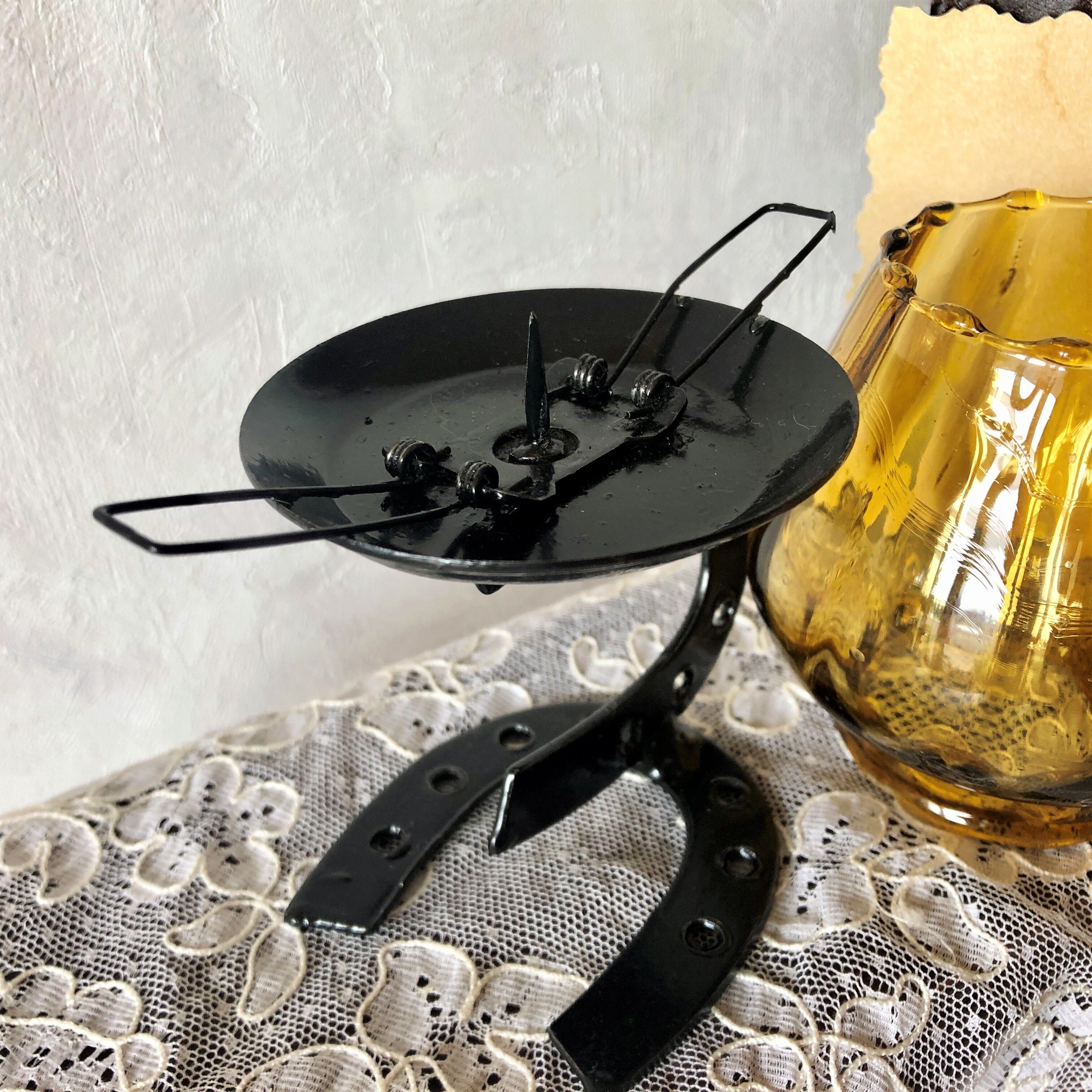 Candle holder photophore metal horseshoe and vintage amber glass