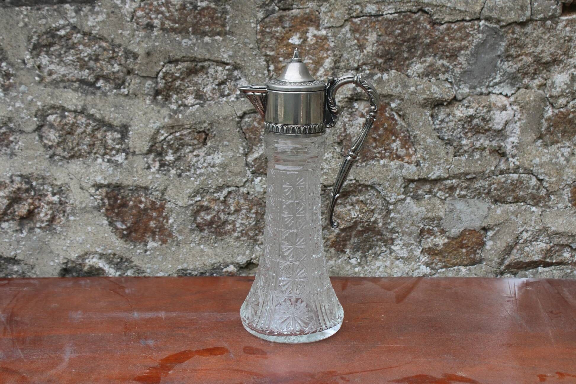 Antique pressed glass and silver-plated jug – Decorative wine pitcher H30 cm
