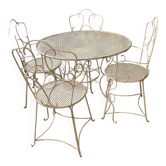 Salon de jardin ancien en fer forge avec table ronde et 4 fauteuils annees 50