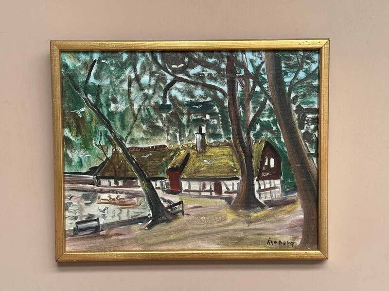 Original Swedish oil on canvas “Secret Huts” by Ake Berg, signed, vintage & framed 41x33cm
