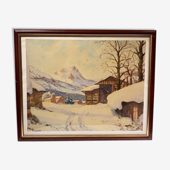 Tableau ancien, paysage de neige signé Salanon  milieu du XX siècle