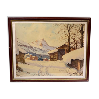 Old painting, snow landscape signed Salanon mid-twentieth century