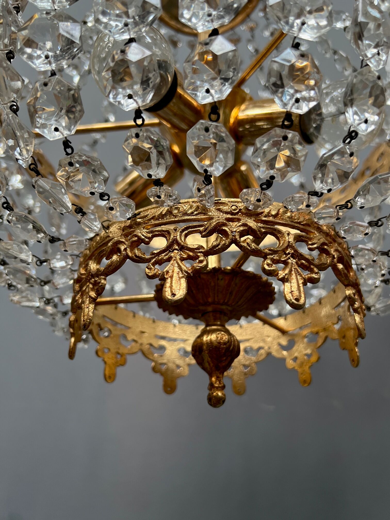 Louis XV style chandelier. Gilded bronze, massive ancient crystal.