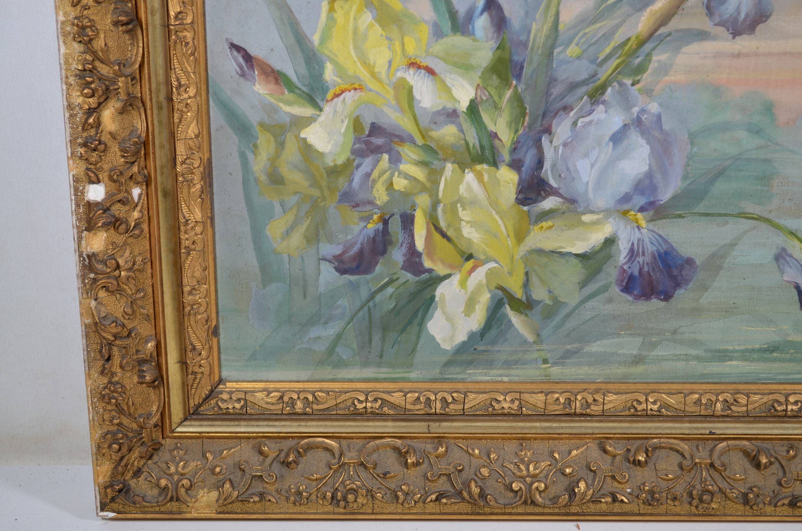 French School circa 1900 “Irises and dragonflies” Painted silk.