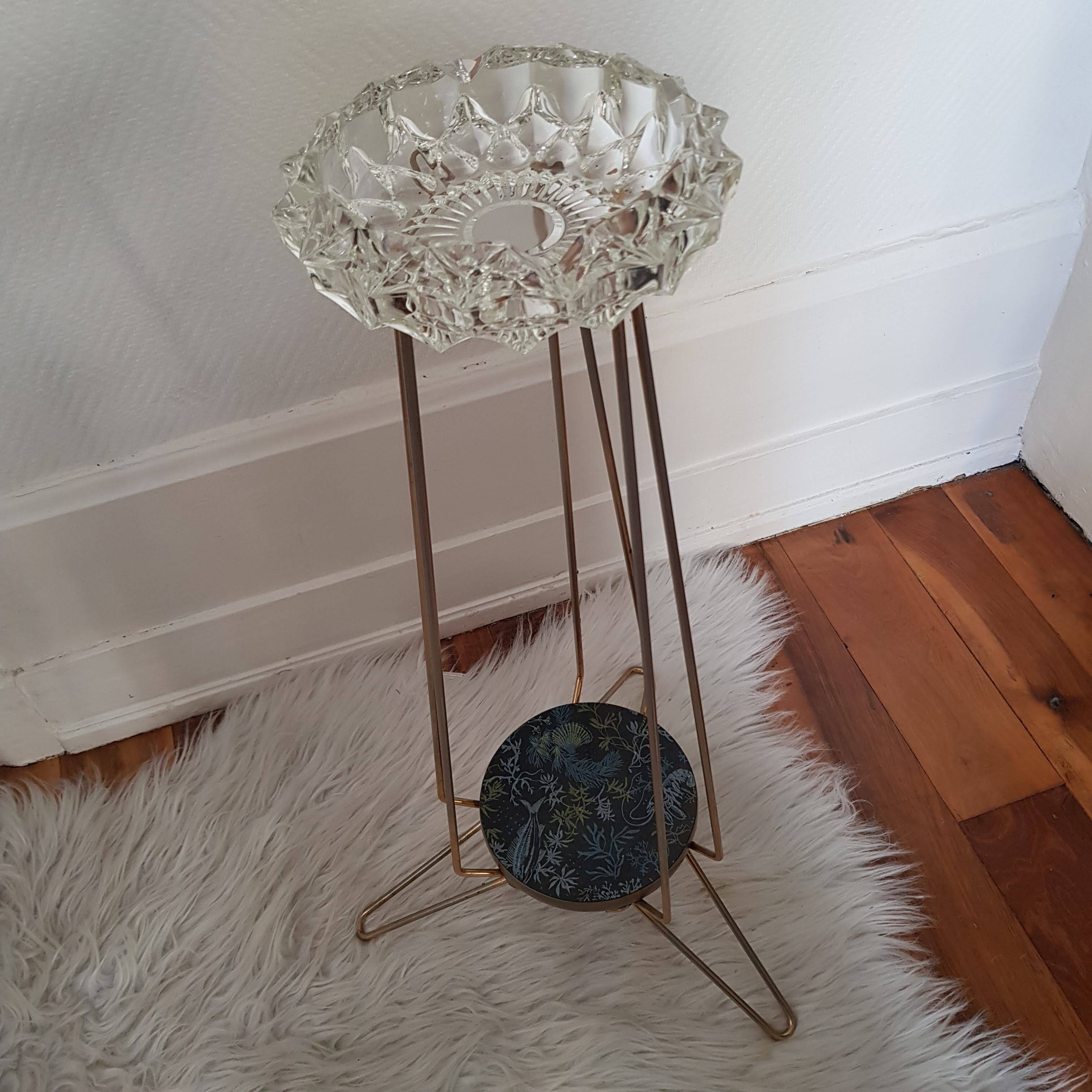 Crystal ashtray on brass tripod stand