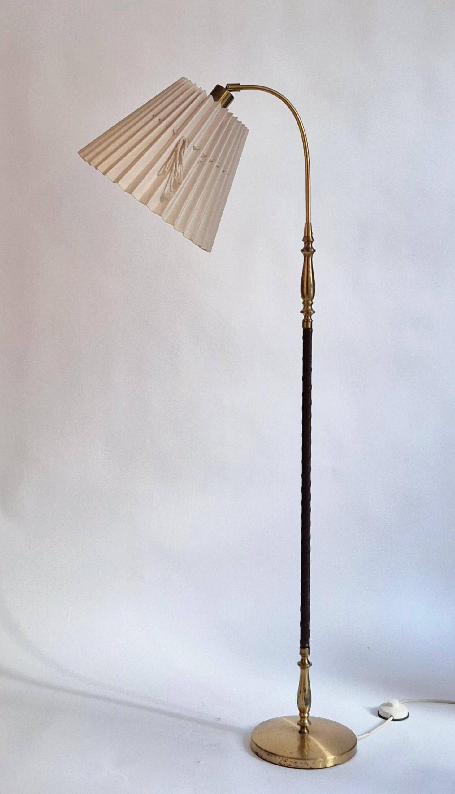 Brass floor lamp with dark brown leather trim, Swedish / Scandinavian Modernity