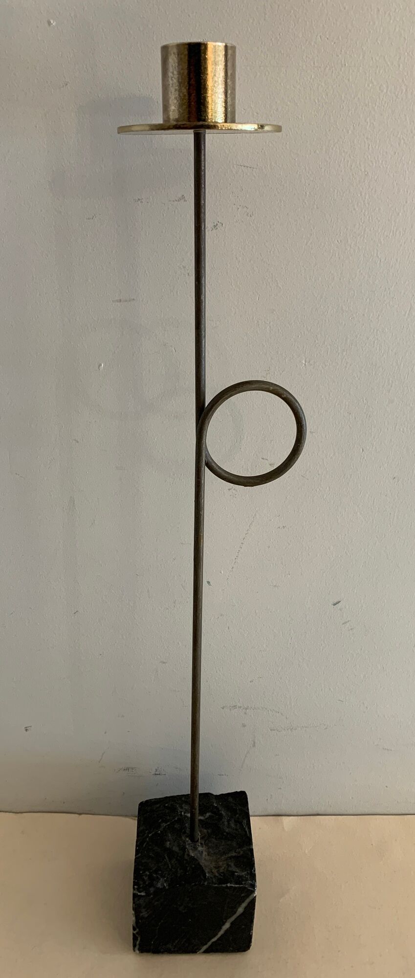 Swedish design candle holder in granite, metal and brass, 1980, height 39 cm