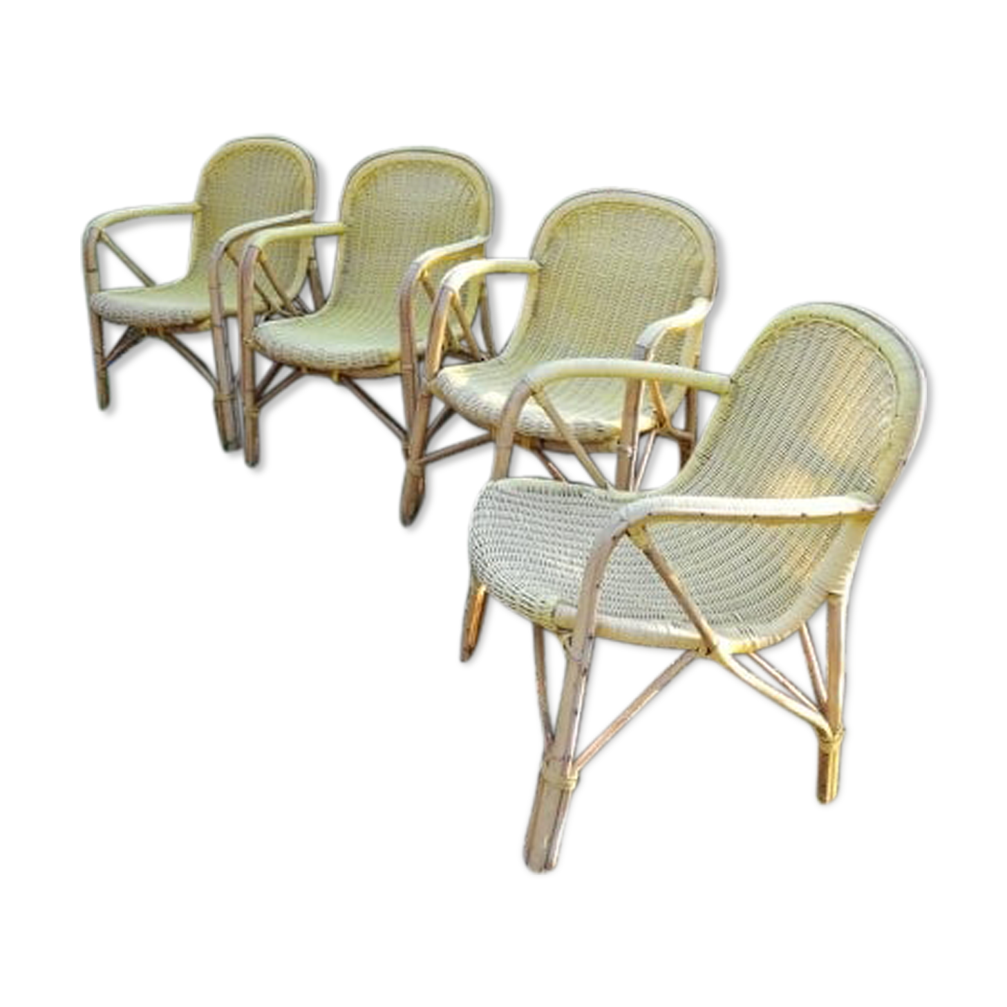 Set of 4 rattan and scoubidou armchairs