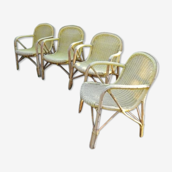 Set of 4 rattan and scoubidou armchairs