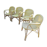 Set of 4 rattan and scoubidou armchairs