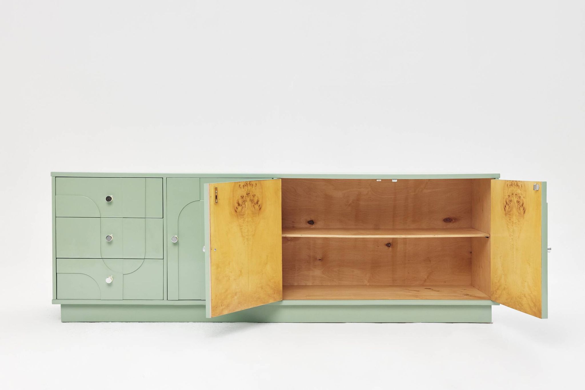 1970s Vintage Sideboard, Pastel Green, Relief, High-Gloss Finish, Chrome