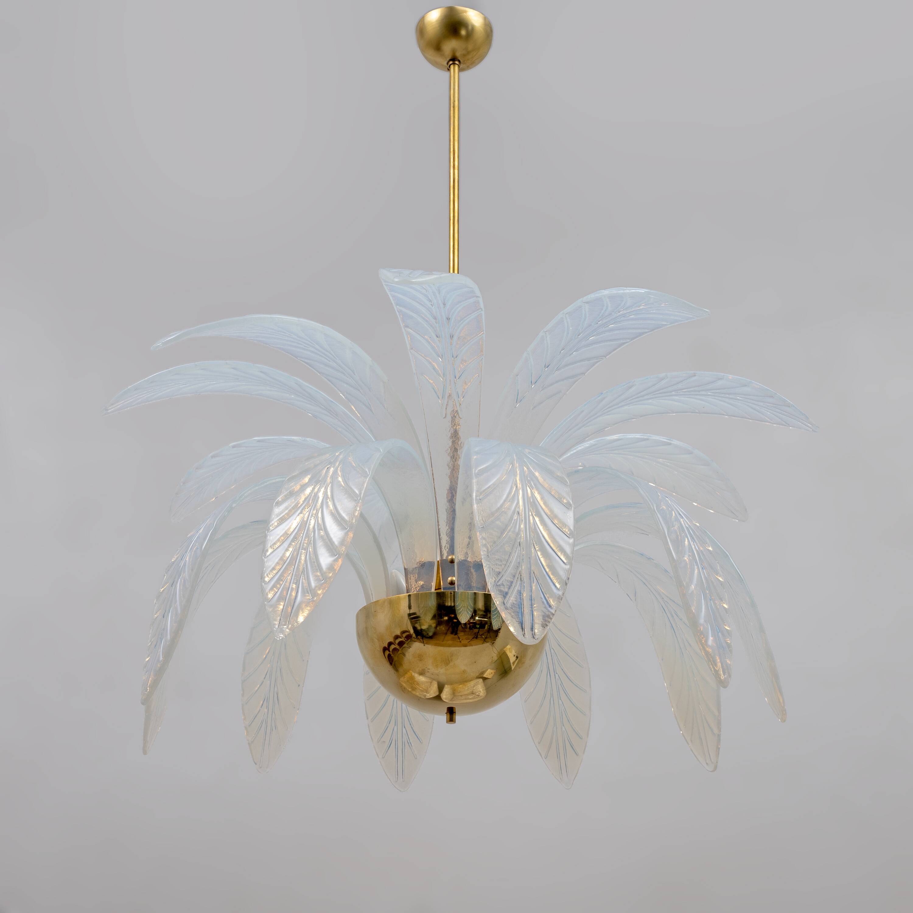 Iridescent Murano Glass and Brass Palm Leaves Chandelier