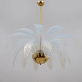 Iridescent Murano Glass and Brass Palm Leaves Chandelier