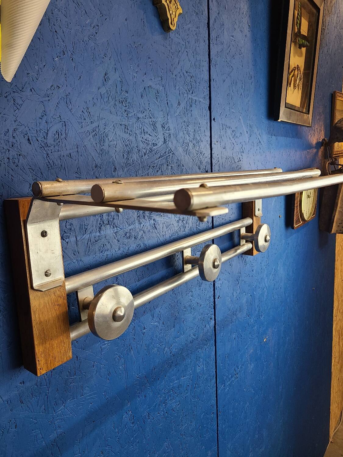 Coat rack, oak, vintage aluminum