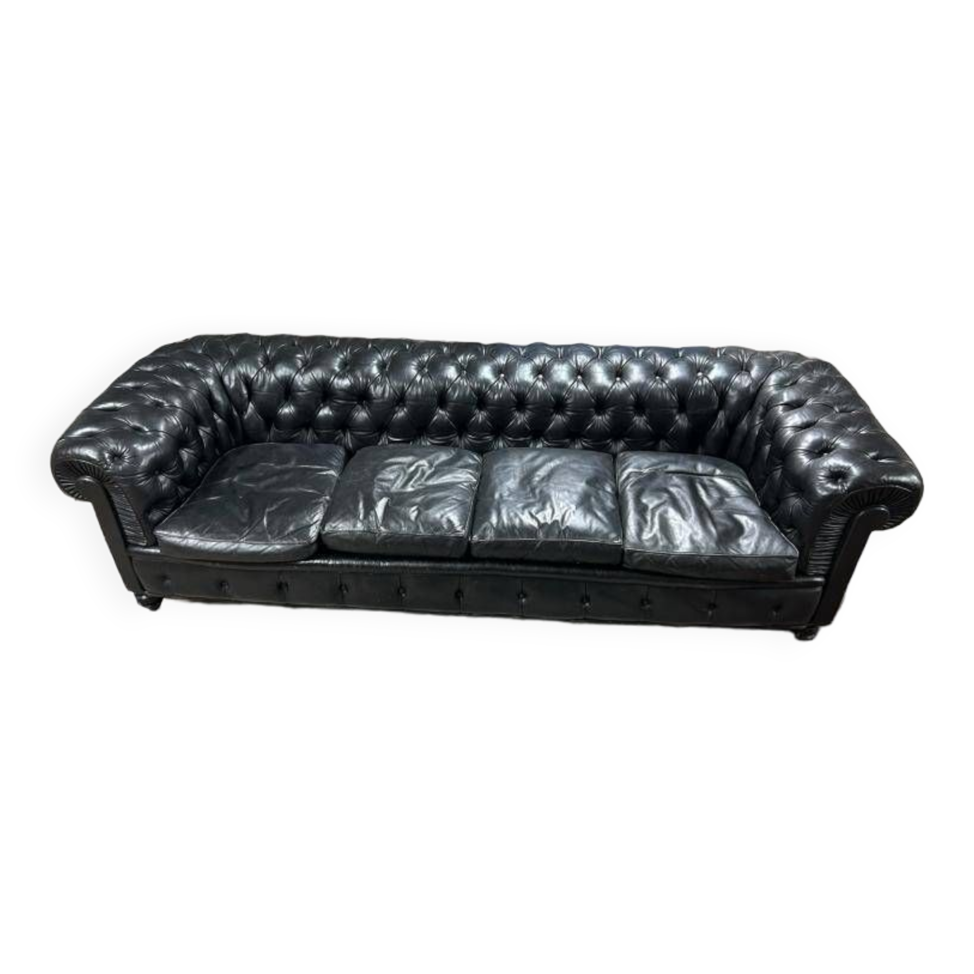 Large and old four-seater leather chesterfield sofa early 20th century l 260 cm