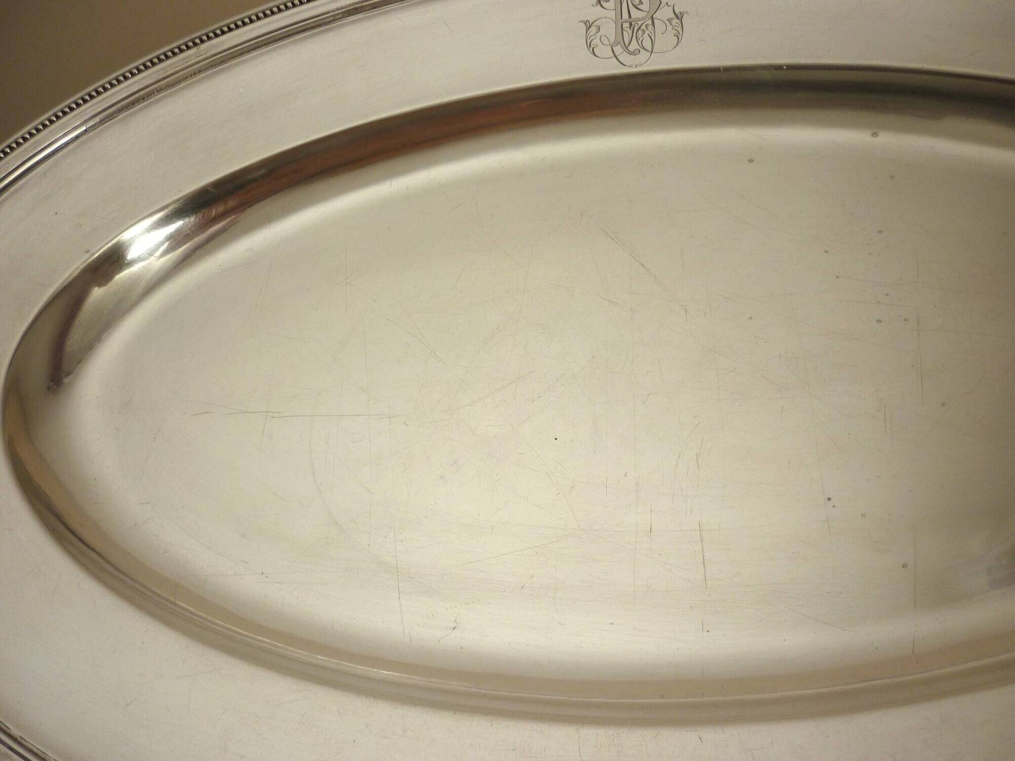 Oval dish, silver-plated metal, Christofle goldsmith, pearl frieze model, 49cm