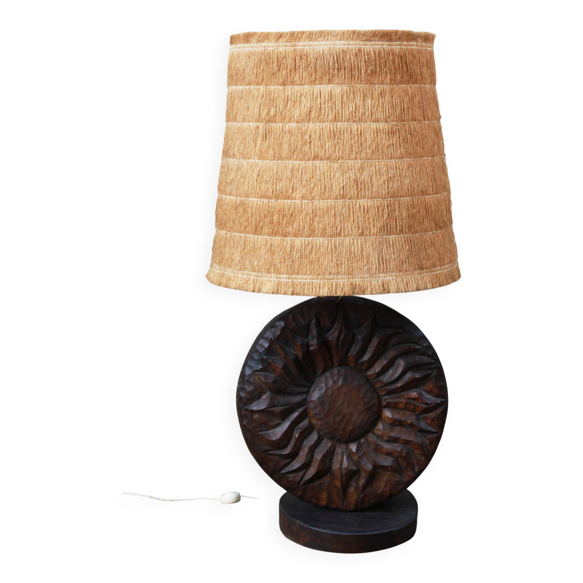 Lampe brutaliste en bois et raphia signé Delsinne, Belgique, 60’s.