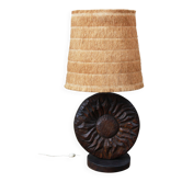 Lampe brutaliste en bois et raphia signé Delsinne, Belgique, 60’s.