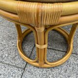 Rattan pouf with refurbished cushion