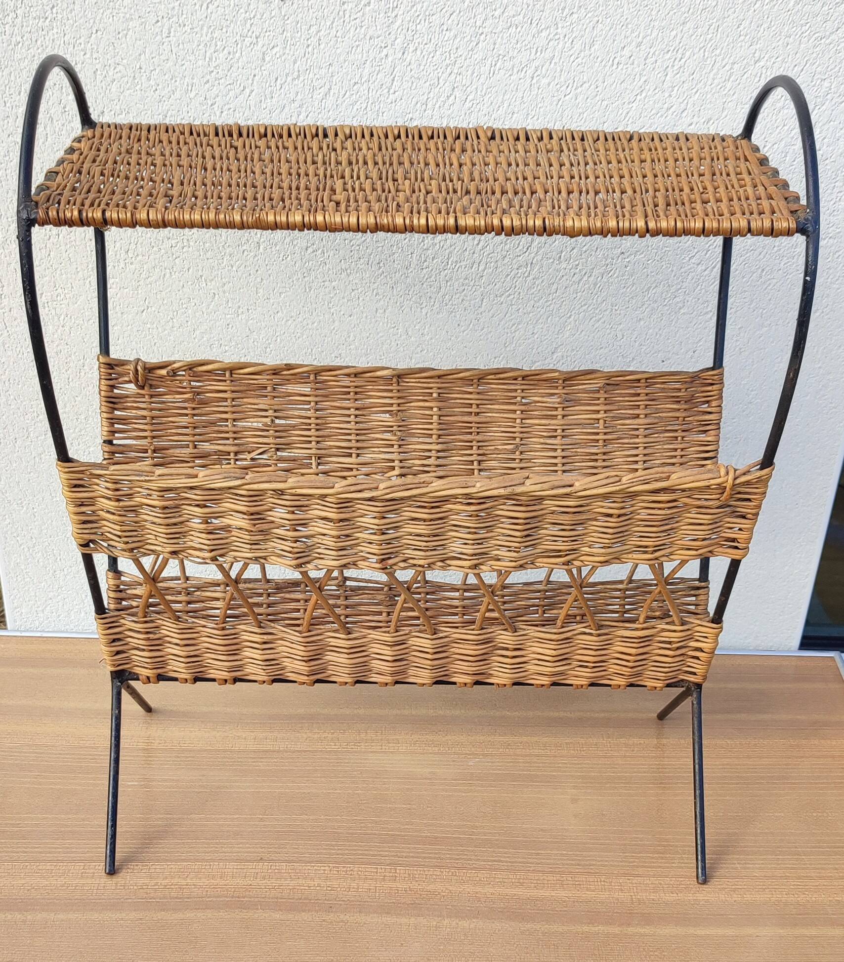 Antique magazine rack made of iron and woven rattan wicker