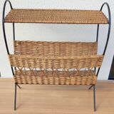 Antique magazine rack made of iron and woven rattan wicker