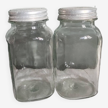 2 Bocaux anciens en verre , bouchons en aluminium avec inscription - 17,5 cm