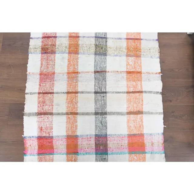 Vintage Turkish Hand-Knotted Wool Cotton White Kilim Runner Rug 107x254