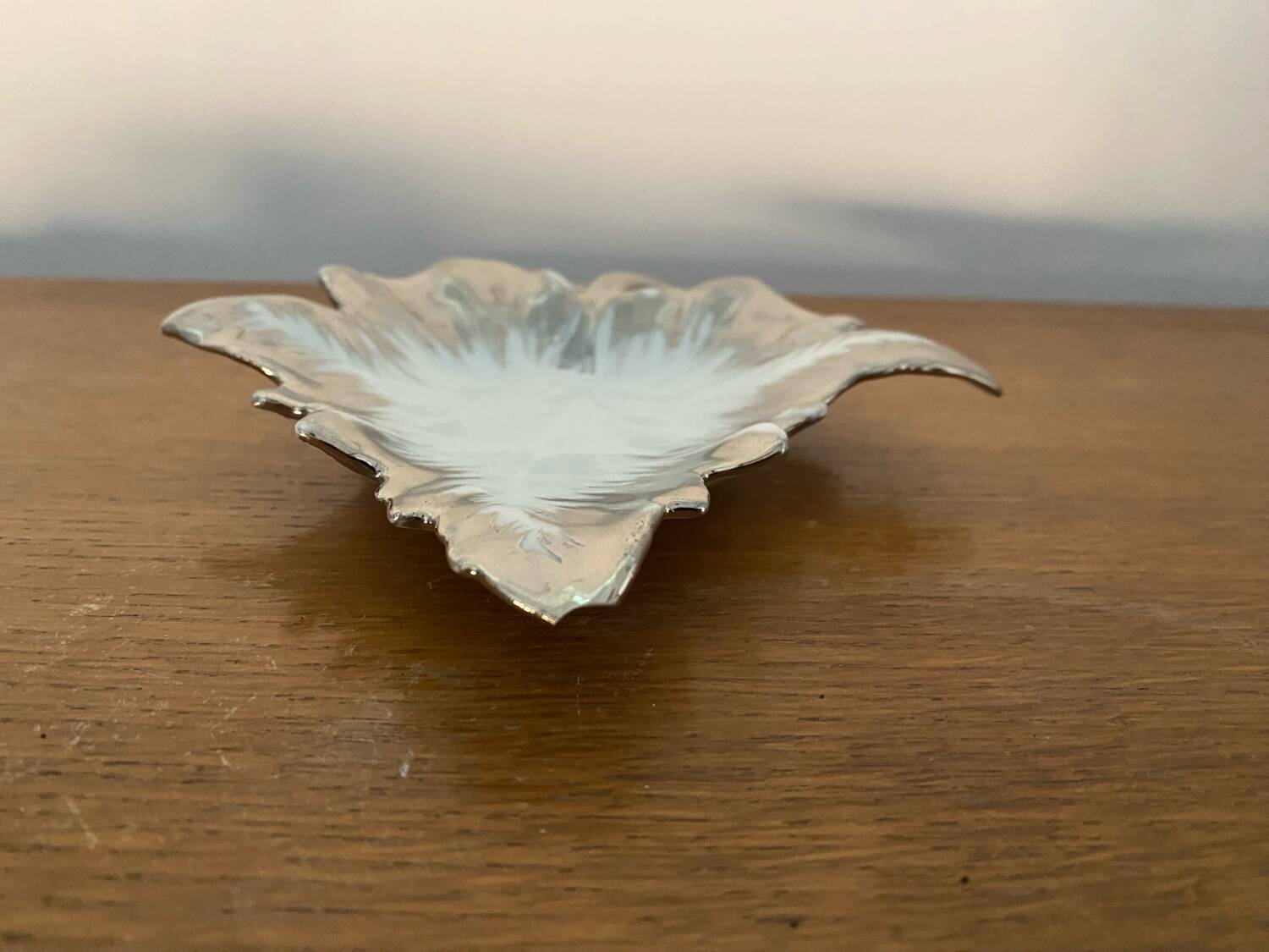 Antique limoges porcelain butter dish leaf shape white & chrome vintage