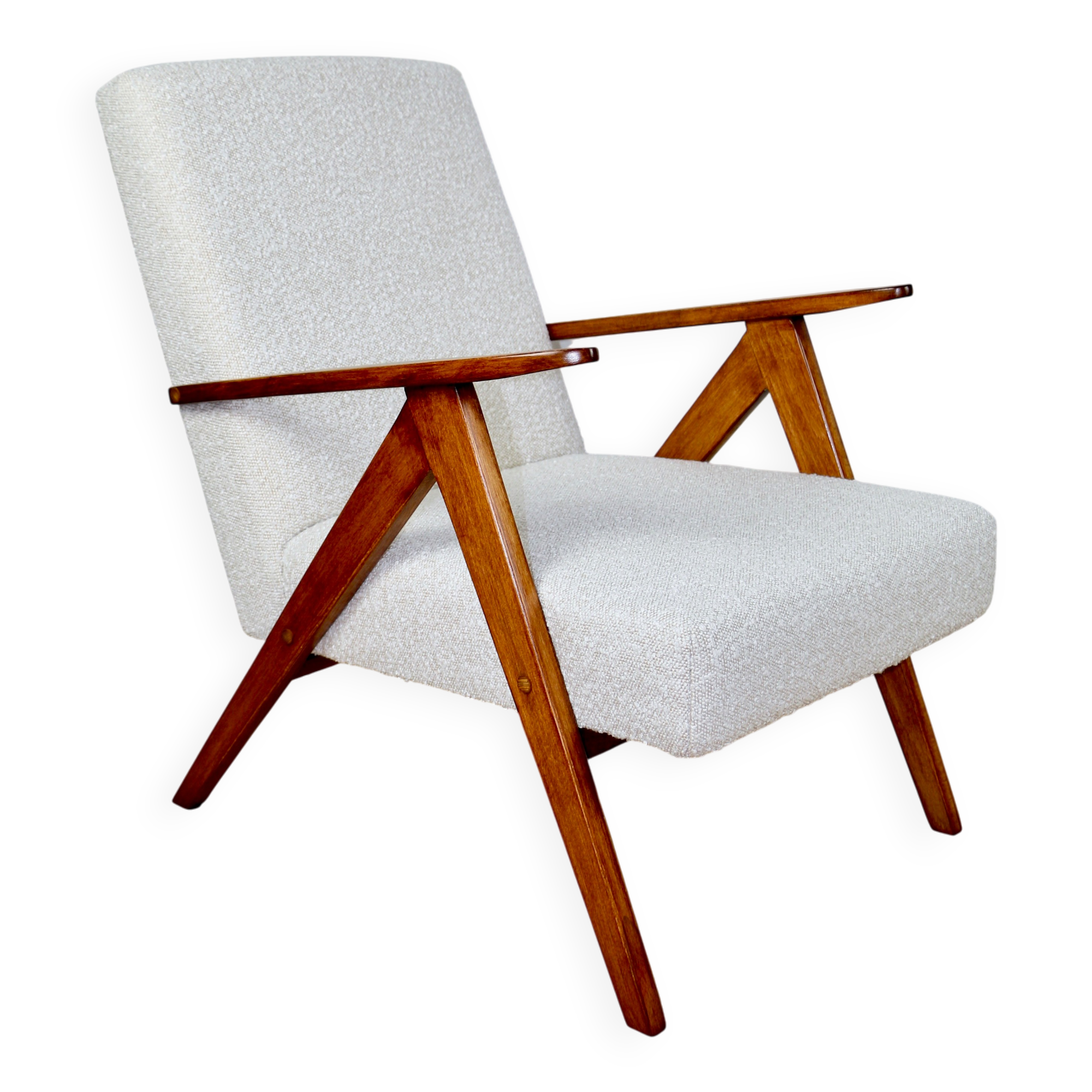 Vintage armchair B-310 VAR white structural boucle 1970s - beech-coloured wood