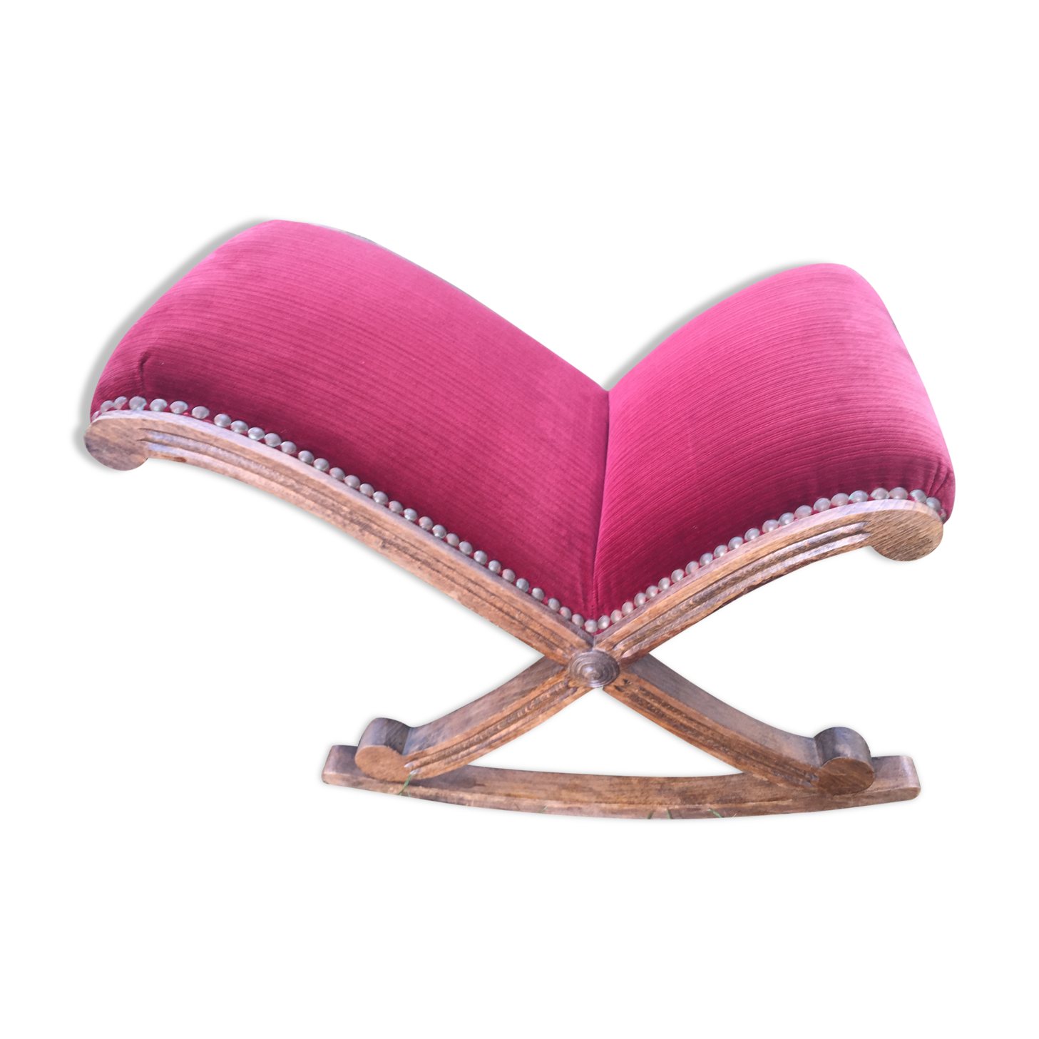 50s footrest in red velvet and scuplented wood