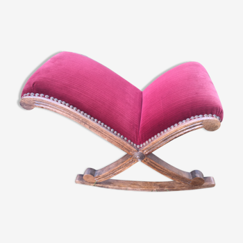 50s footrest in red velvet and scuplented wood