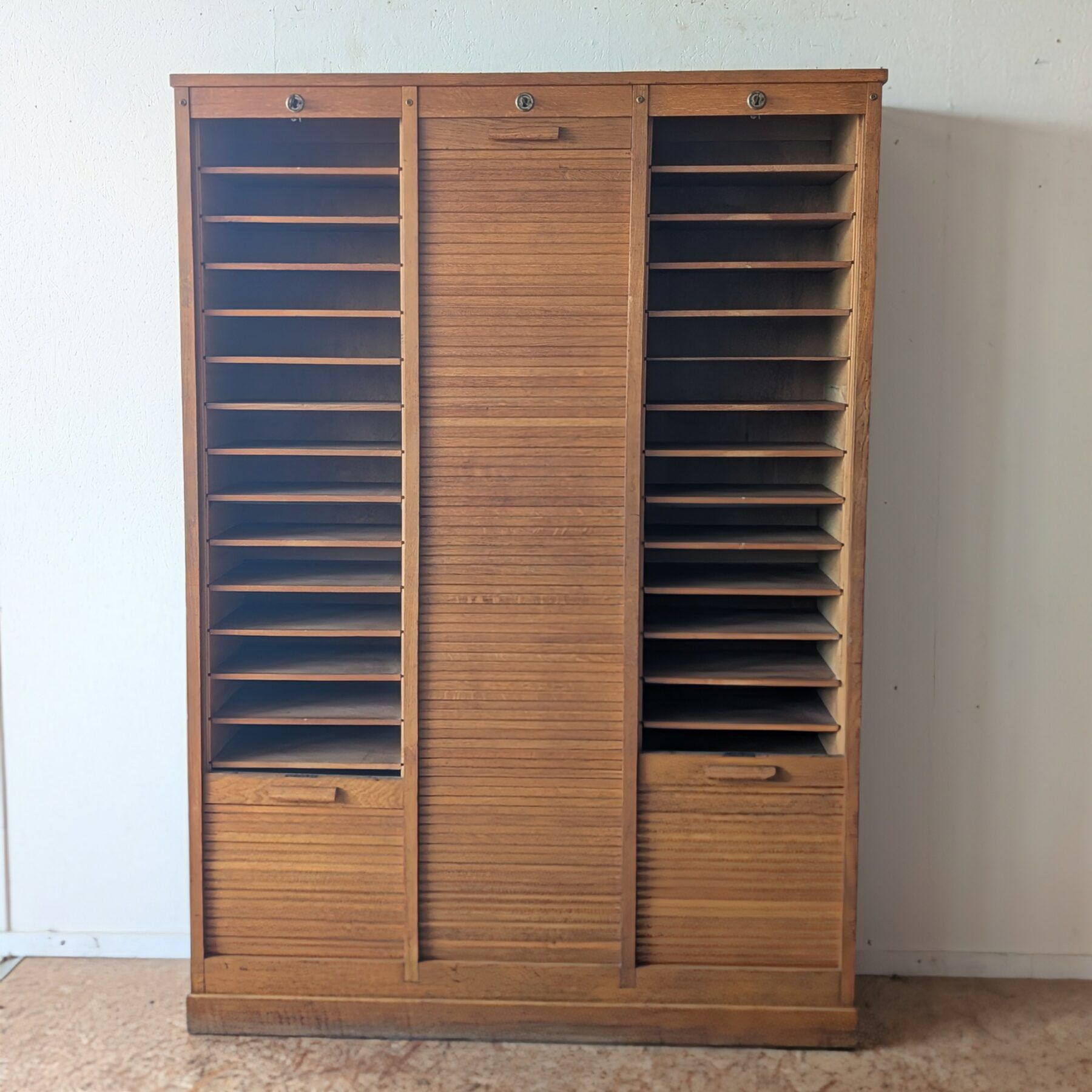 Old workshop furniture, oak curtain cabinet.