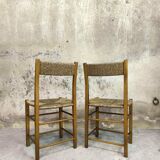 Pair of vintage wood and straw chairs