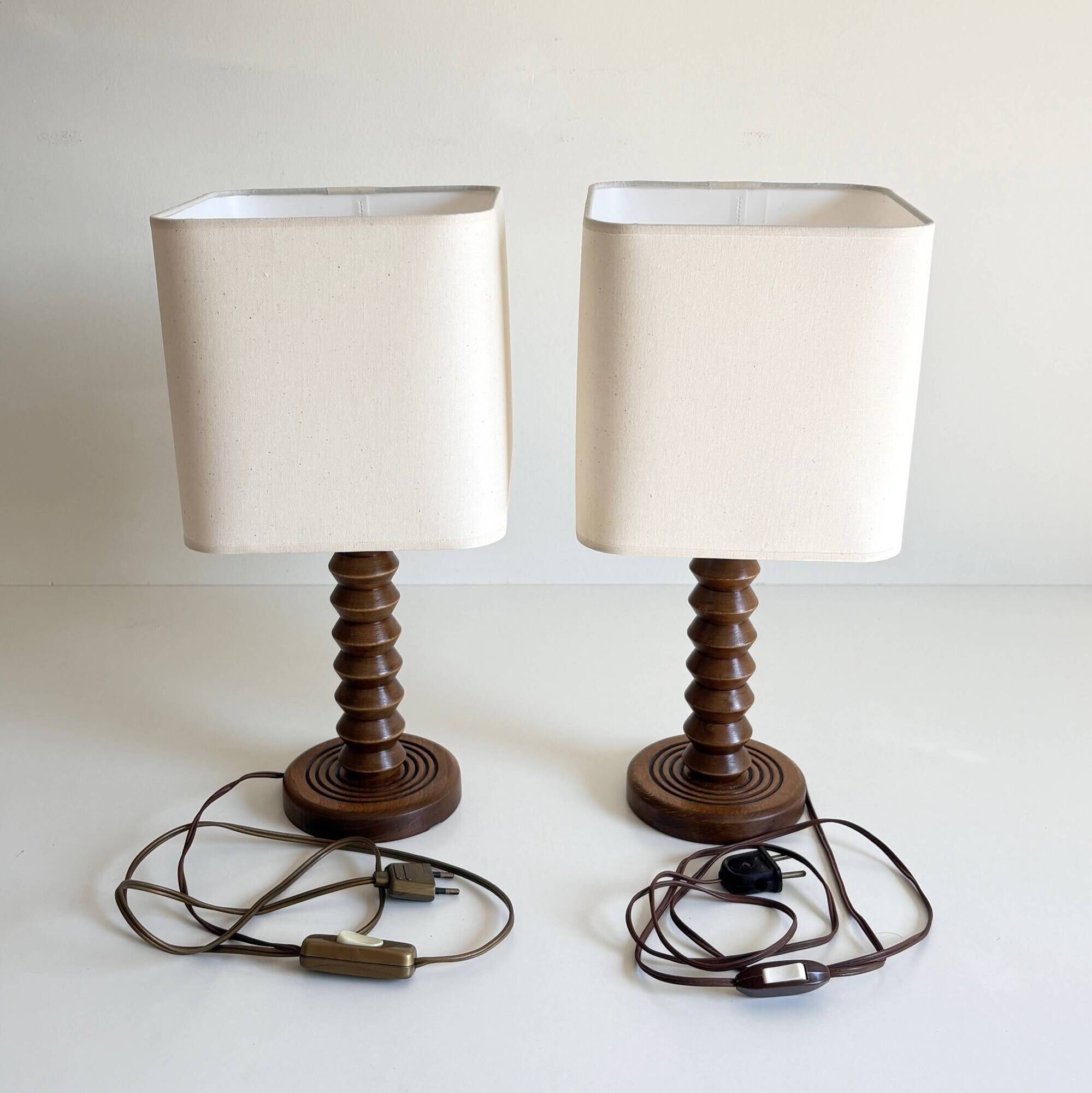 Pair of French Art Deco Wooden Table Lamps Attributed to Charles Dudouyt