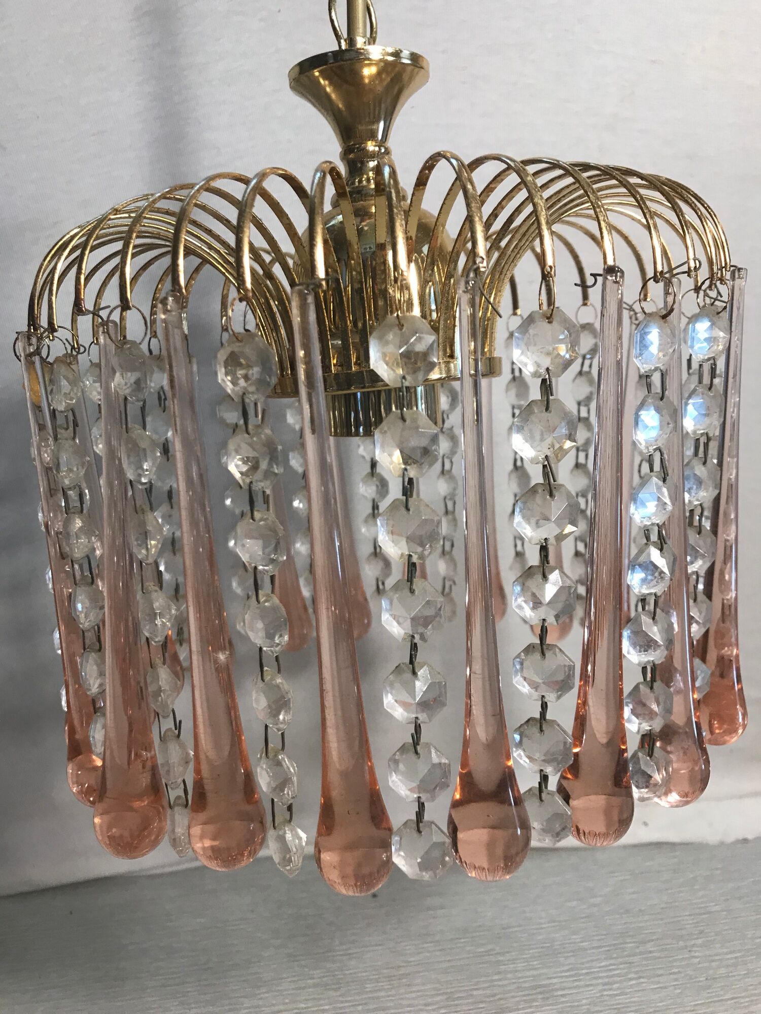 Gold Metal  Chandelier - Vintage Rose Glass Water Drop Pampilles