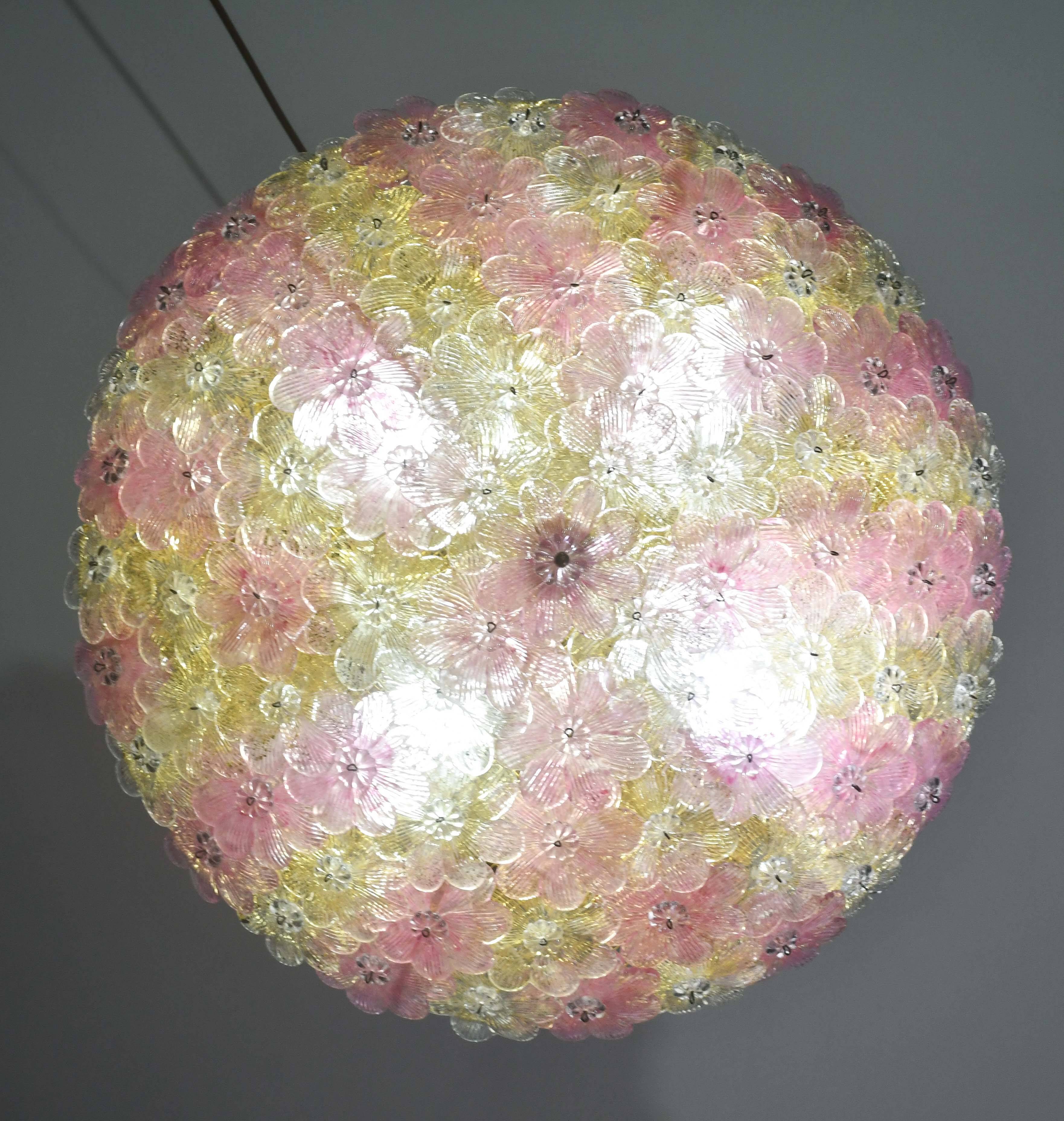 Amazing Pink and Gold Large Size Murano Ceiling Light Flower by Seguso