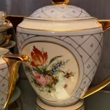 Porcelain tea set signed MP floral decoration heavenly blue background Louis XVI