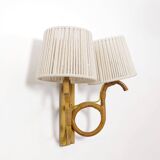 Applique en rotin à 2 feux et ses abat-jour corde, 1960-1970.
