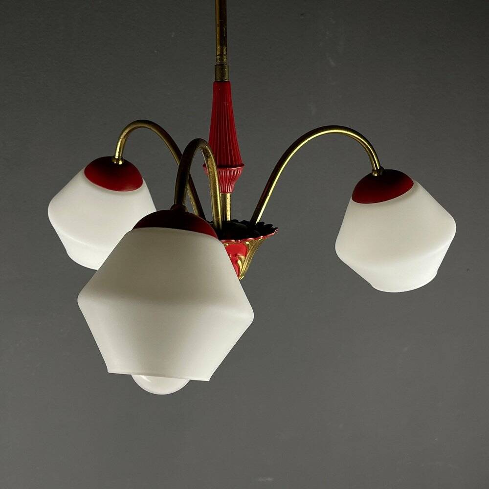 Italian vintage chandelier in brass and milky glass with 3 arms, 1950s.