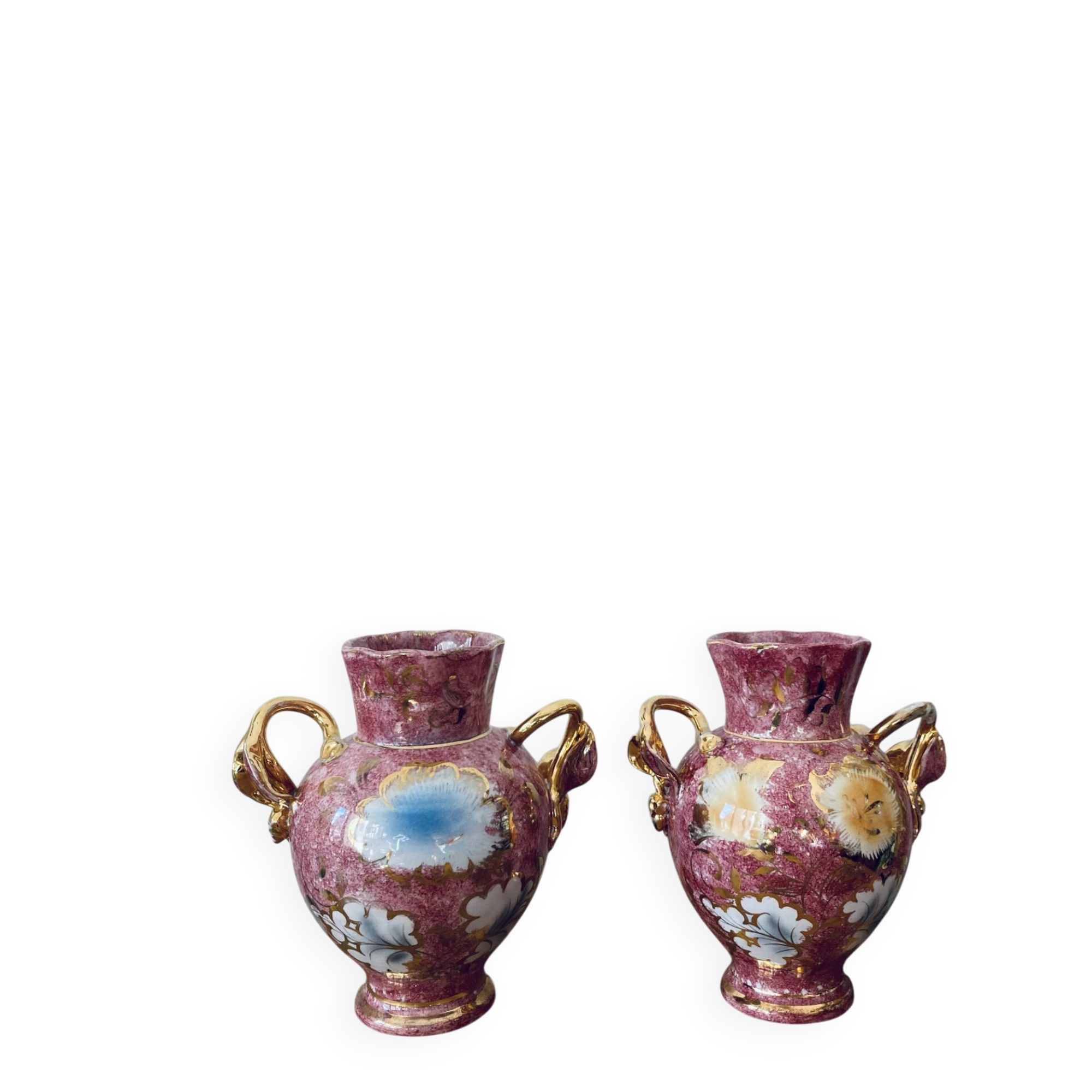 2 vases with floral designs in ceramic and gold embellishments, Mica Italy.