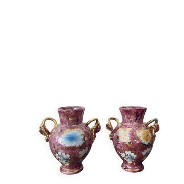 2 vases rose fleuris en céramique et dorures Mica Italy