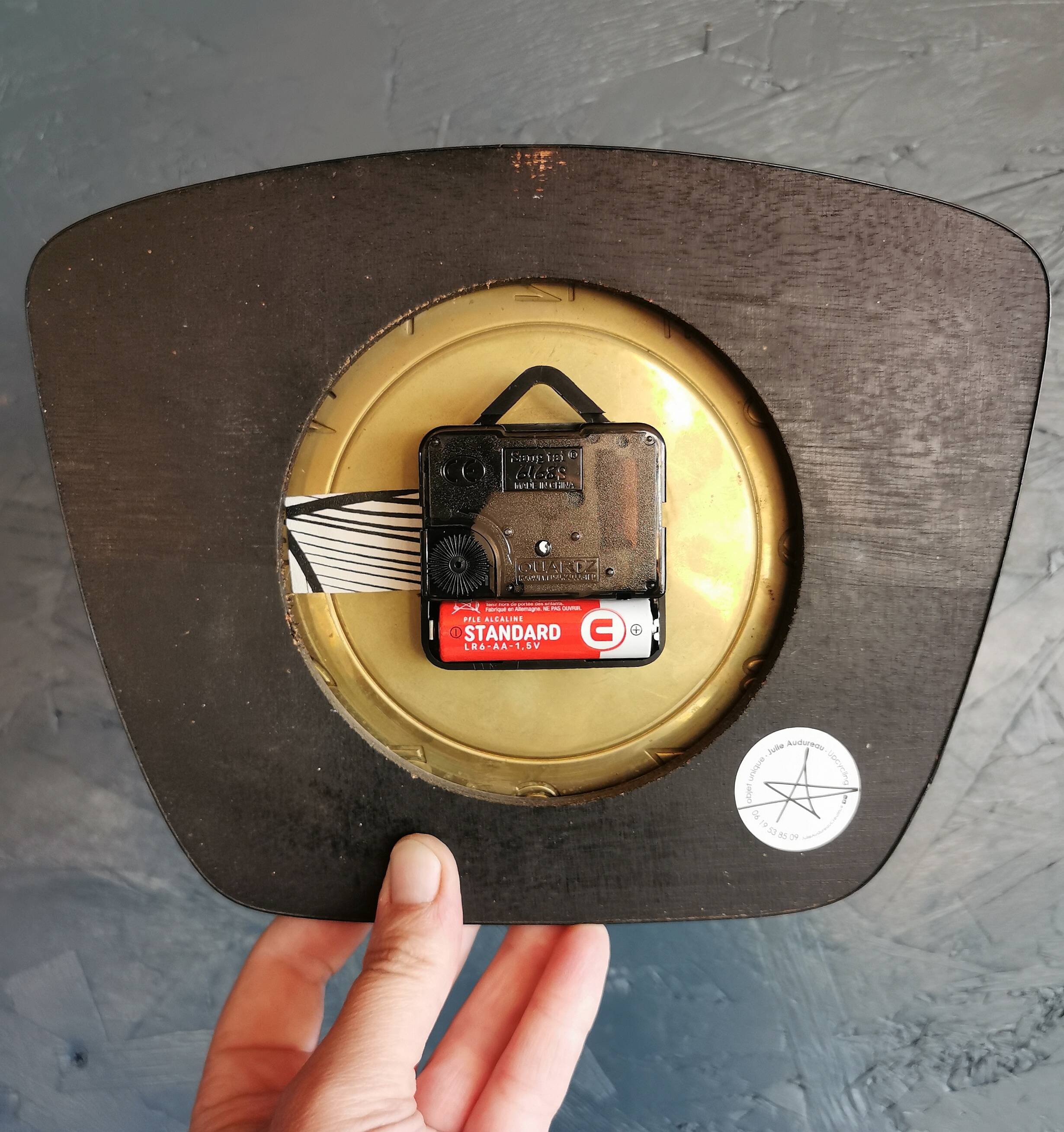 Vintage formica clock silent trapeze wall pendulum "Diehl black white"