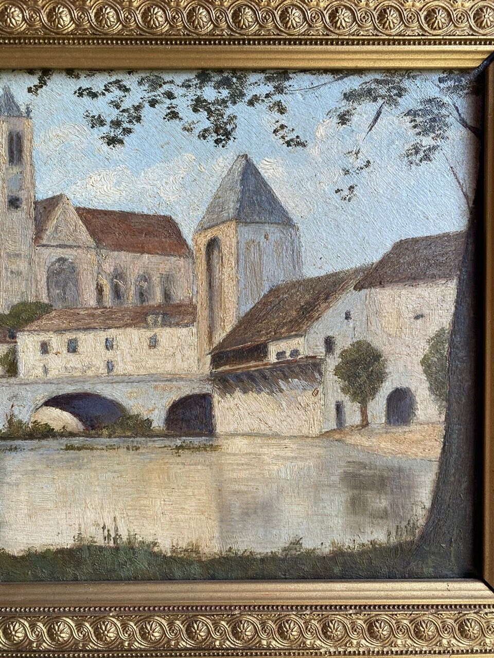 Ancient painting, landscape at the river signed and dated 1946