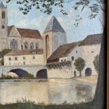 Ancient painting, landscape at the river signed and dated 1946